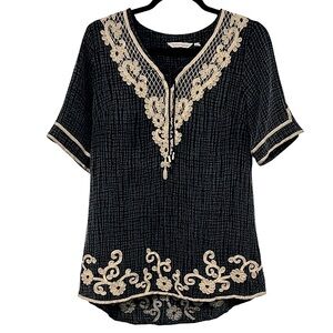 Soft surroundings Gauze Tunic Top Women’s Charcoal Embroidery Casual Boho Sz S